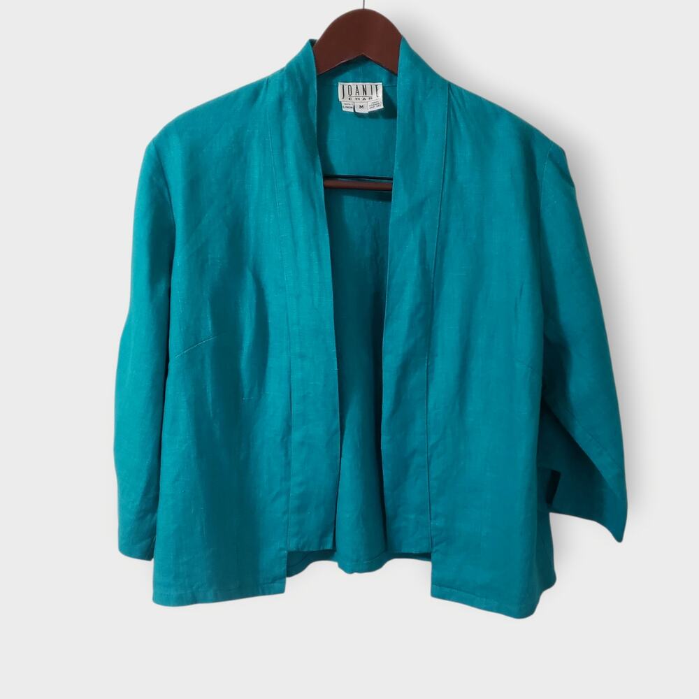 Joanie Char Womens 100% Linen Lightweight Open Front Blazer Jacket Medium Green‎
